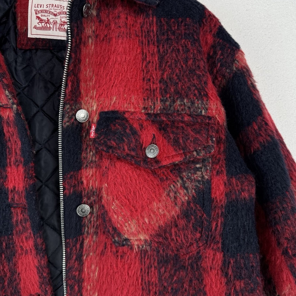 Levi's Trucker Jacket Buffalo Plaid Zipper Button Wool Blend Red Women's XS - Picture 4 of 14